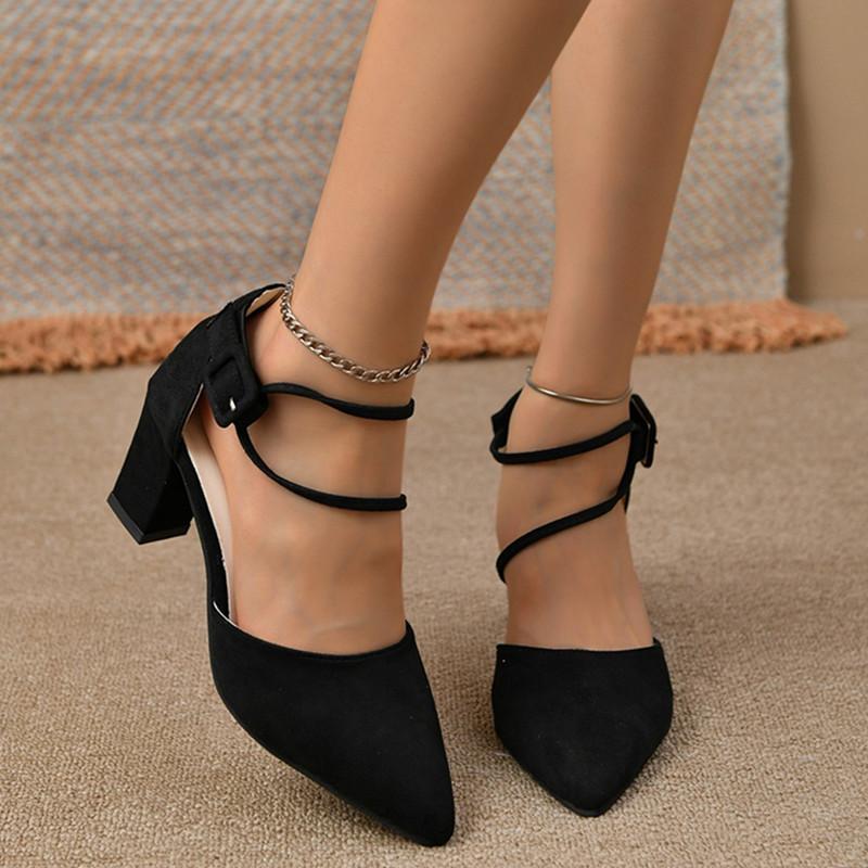 Wiosenne i letnie obuwie Klamra Spiczaste buty Zamszowe sandały na grubym obcasie Pojedyncze buty.