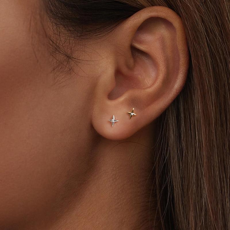 BAMOER 100% 925 Sterling Silver Star Stud Earrings, Handmade 6mm Dainty CZ Gold Plated Earrings for Women Jewelry Gift