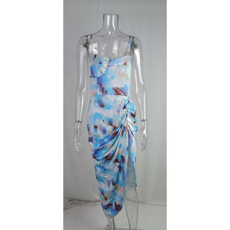 Sommerkleid für Damen, frisch bedruckt, Neckholder, hohe Taille, tiefer Schnitt, sexy Kleider