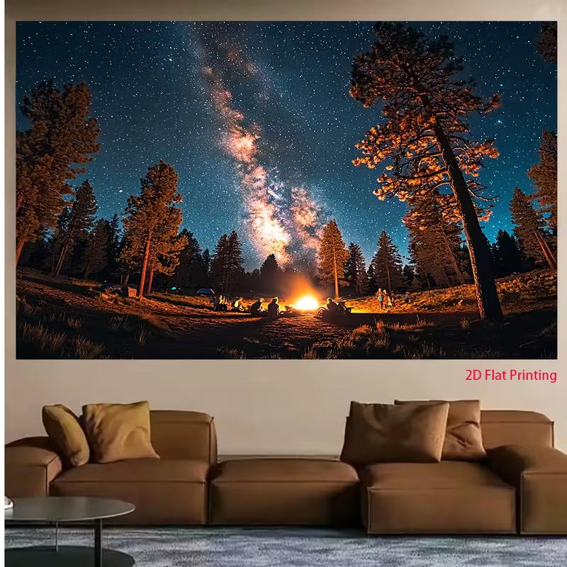2D Camping Night Tapestry for Cabin Decor, Campfire with Friends Under the Milky Way