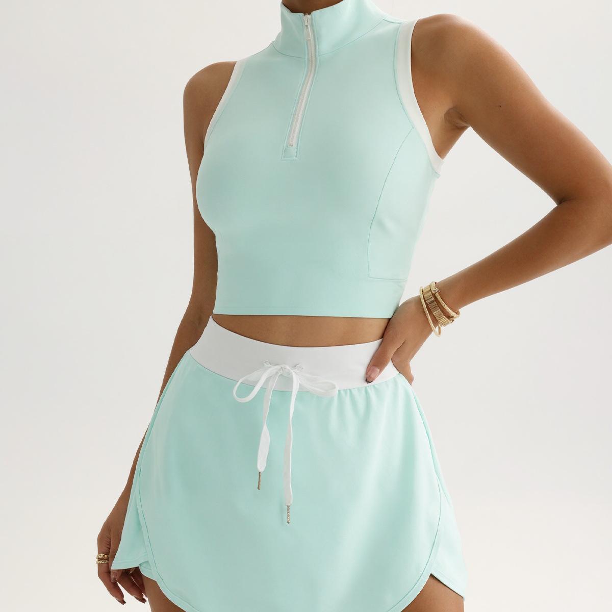 

Mint Blue Two-Piece Yoga & Sports Set: Pleated High-Waist Skirt and Top for Running, Tennis, Golf M