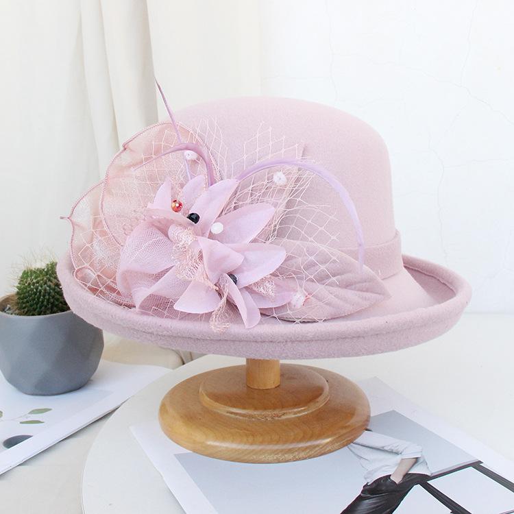 Autumn And Winter Curled Feather Flower Woolen Top Hat Women'S British Retro Casual Bucket Hat Mesh Basin Hat Tide