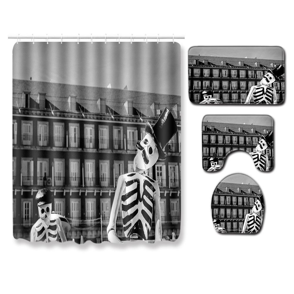 Skull Shower Curtain Floor Mat Combination Four-Piece Set Bathroom Toilet Carpet Shower Room Mat Foot Mat