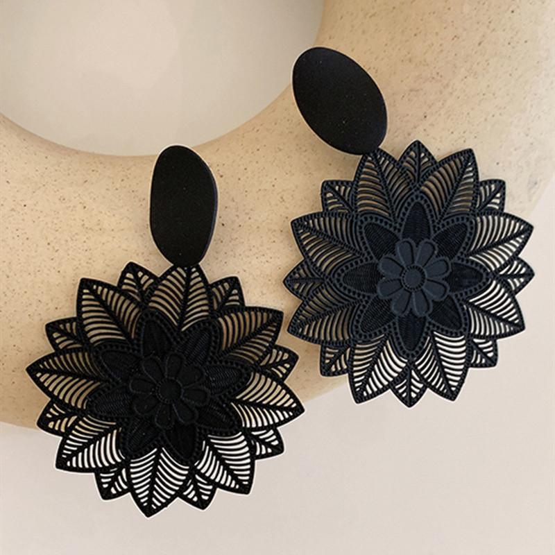 Pinkdudu Vintage Elegant Black Flower Drop Earrings For Women Luxury Ethnic Earring Exaggerated Temperament Gothic Jewelry PD1983
