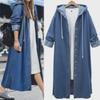 Plus-Size Hooded Denim Jacket for Women - Mid-Length, Loose Fit, Long-Sleeve Cardigan for Spring/Autumn