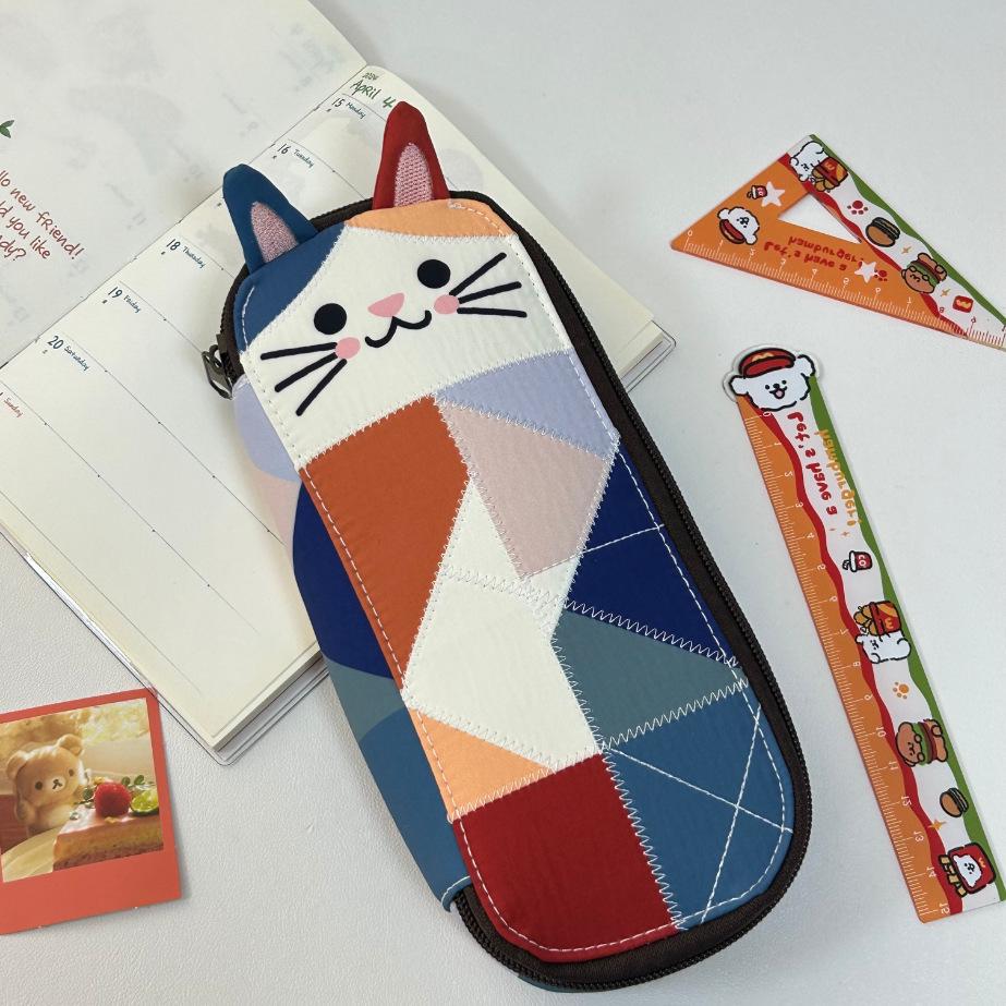 Japanese Style Cat Patchwork Pencil Case: Cute Cartoon Design, Portable Storage Bag for Stationery