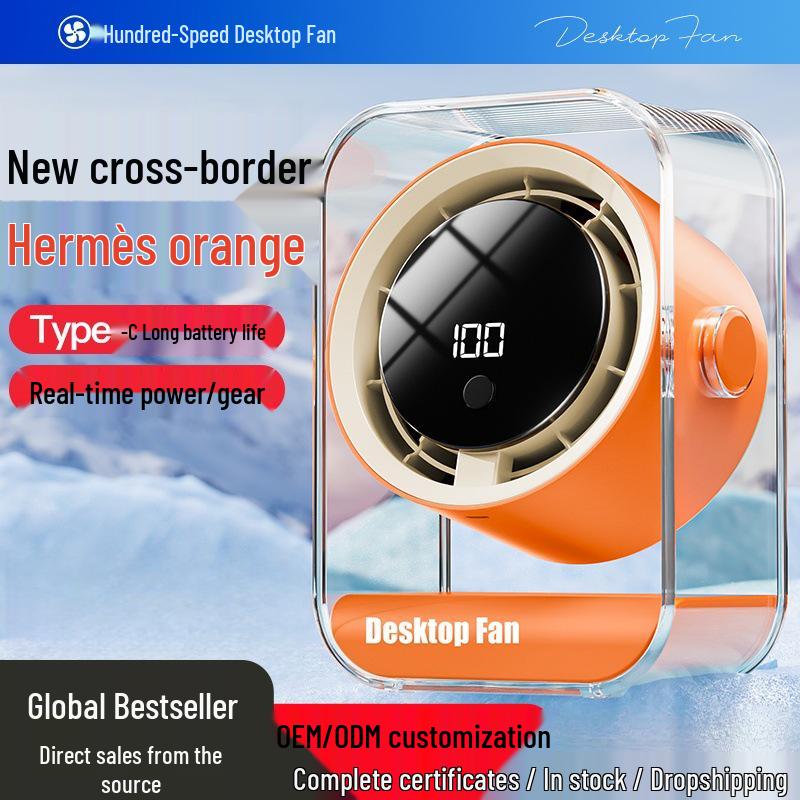 

USB Rechargeable Desktop Fan with Digital Display - 100-Speed Variable Frequency Circulation for Home & Students (2026 Model) 100-Speed/3-Speed Timer [Hermes Orange] In Stock