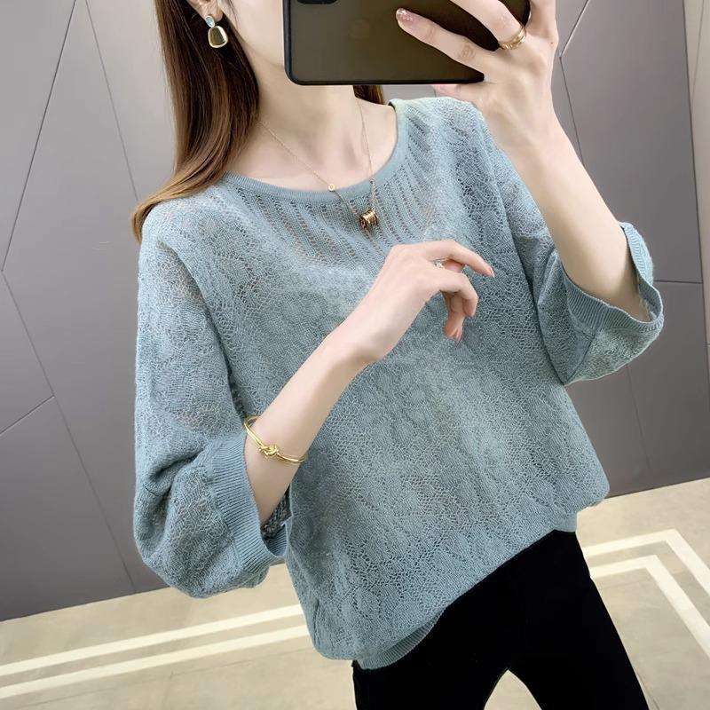 Spring and summer seven-quarter sleeve t-shirt loose hollow blouse thin crew neck fashion versatile women's knitted sweater top