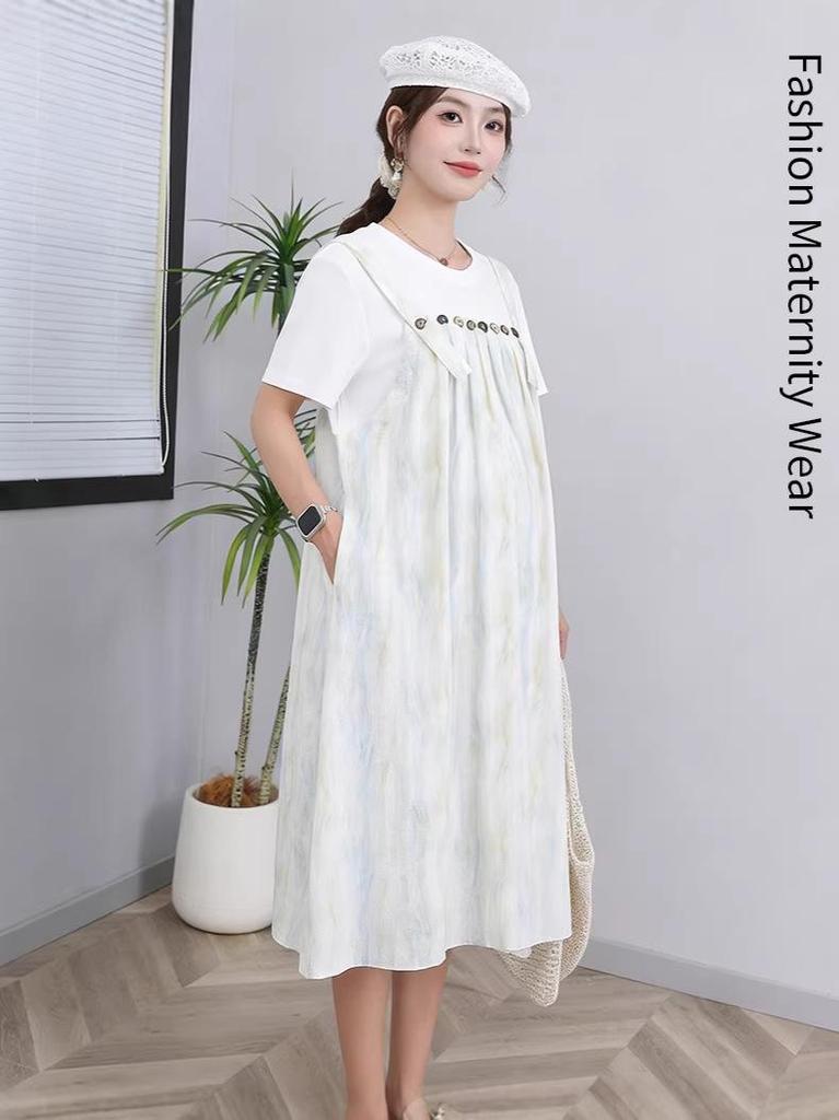 Plus Size Tie-Dye Maternity Strap Dress - 9 Sizes, Summer Two-Piece Look, Loose and Slimming for Late Pregnancy