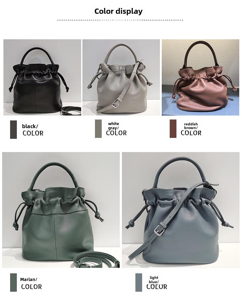 Women's Classic Fold Leather Bucket Bag: New Style, First Layer Cowhide, Trendy Solid Color Handheld Design