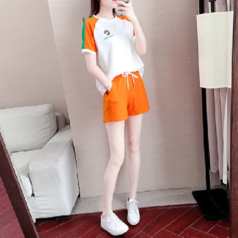 

Оранжевый спортивный костюм для отдыха женский новый летний в иностранном стиле футболка свободного кроя комплект из двух предметов M оранжевый