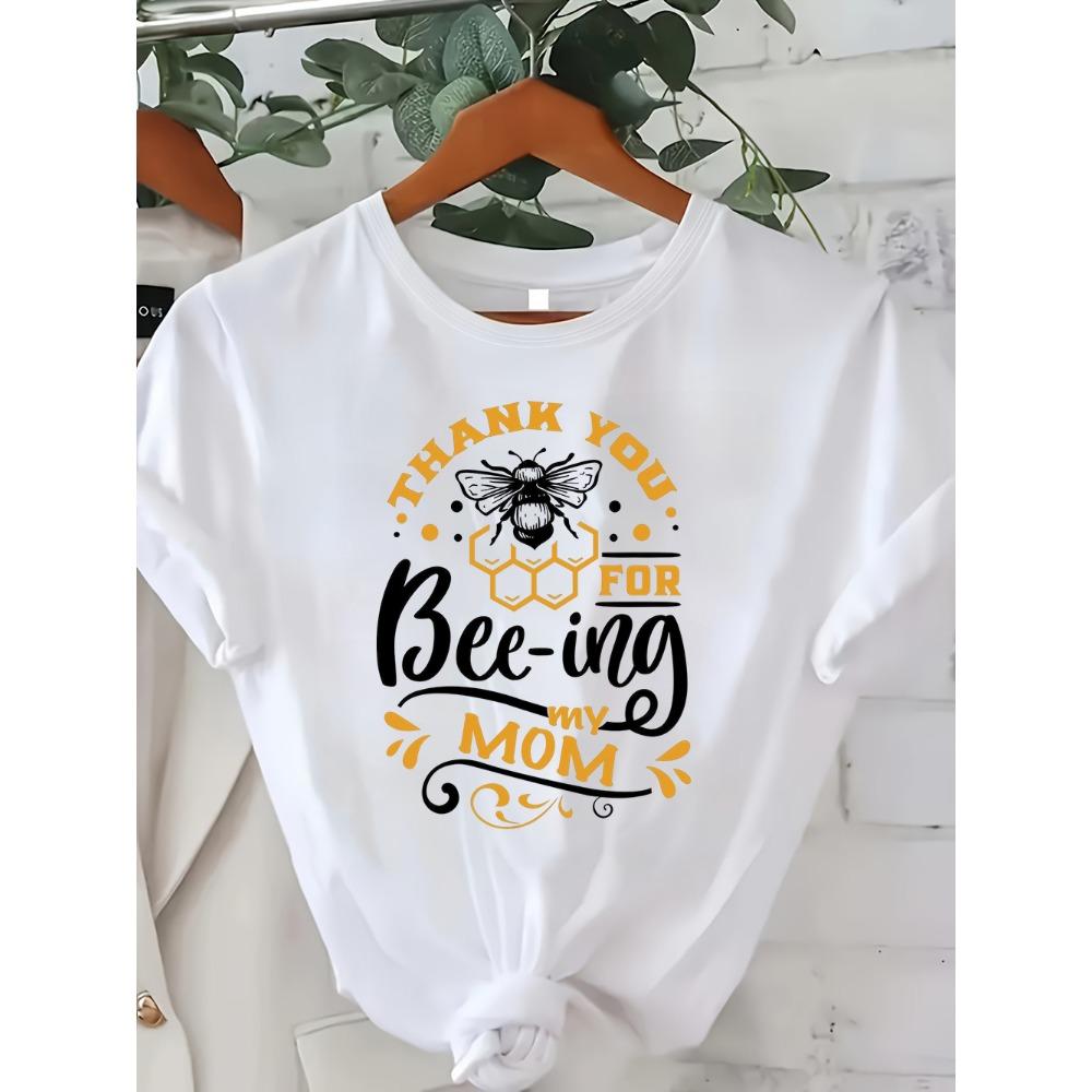 Thank You for Bee-ing My Mom Bee Pun Graphic Tee Cute Yellow and Black Bee Honeycomb Print Cotton T-Shirt M
