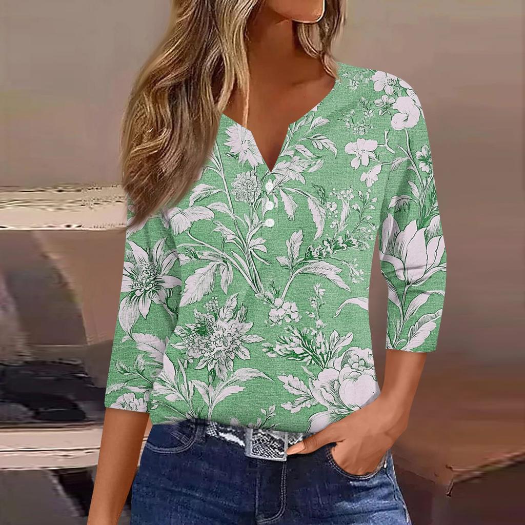 Women's T Shirt Tee Print Button  3/4 SleeveDaily Weekend Fashion Basic V- Neck Regular Top