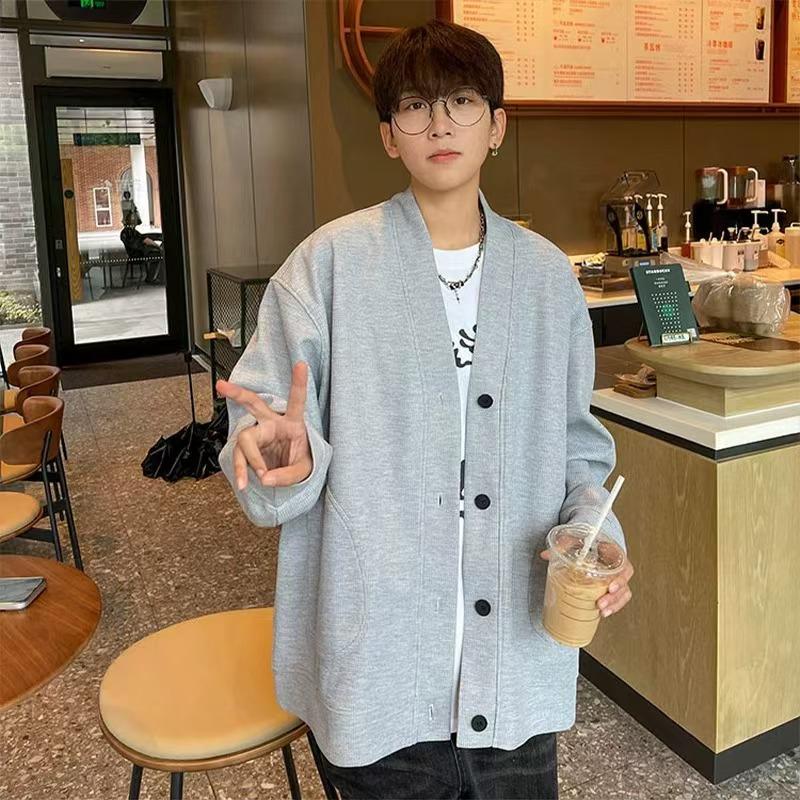 Men's Trendy Waffle Knit V-Neck Cardigan Jacket for Autumn 2026 - Relaxed Fit, Couple Style