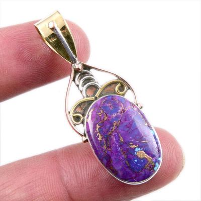 Natural Purple Copper Turquoise 925 Solid Silver Gift TwoTone Pendant1.75" a9I33