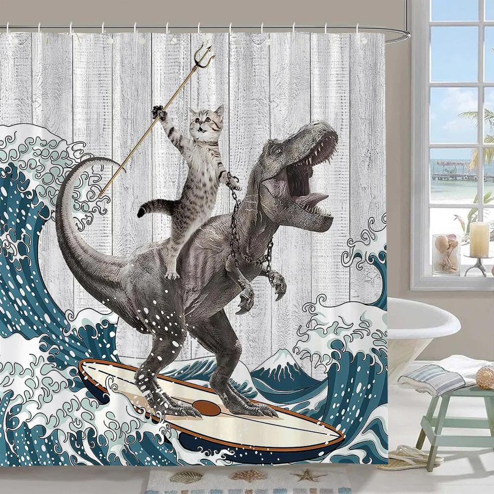 Cute Funny Dog Shower Curtain Cat Riding Dinosaur Funny Pet Cartoon Shower Curtain Boys Girls Bathroom Decor Shower Curtains