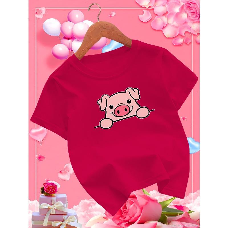 European Sizes Adorable Pink Cartoon Pig Avatar for Girls, Perfect for Summer with Short Sleeves, Casual And Breathable.