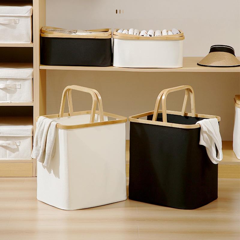 Foldable Storage Basket With Bamboo Handle, Large Capacity Laundry Hamper & Multi-Purpose Organizer Made Of Oxford Cloth