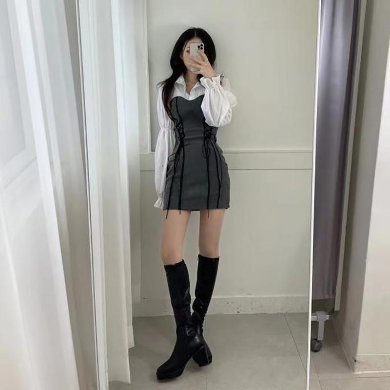 

IELGY студенческое короткое платье в корейском стиле в стиле ретро с пышными рукавами и бретелями S серый