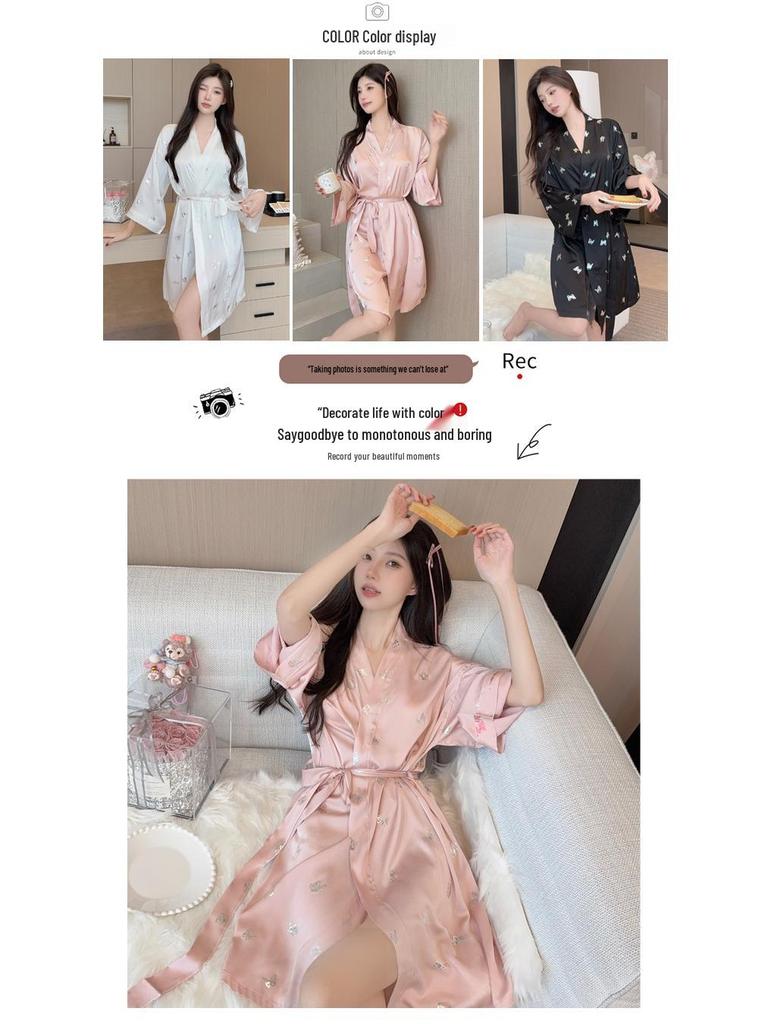 Women's Ice Silk Butterfly Print Summer Bathrobe - Hotel Style Yukata Pajamas with Tie-up Waist