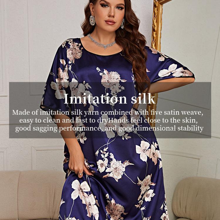 Women's Plus Size Nightgown Mid-length Printed Pullover Dress Homewear Ice Silk Nightgowns