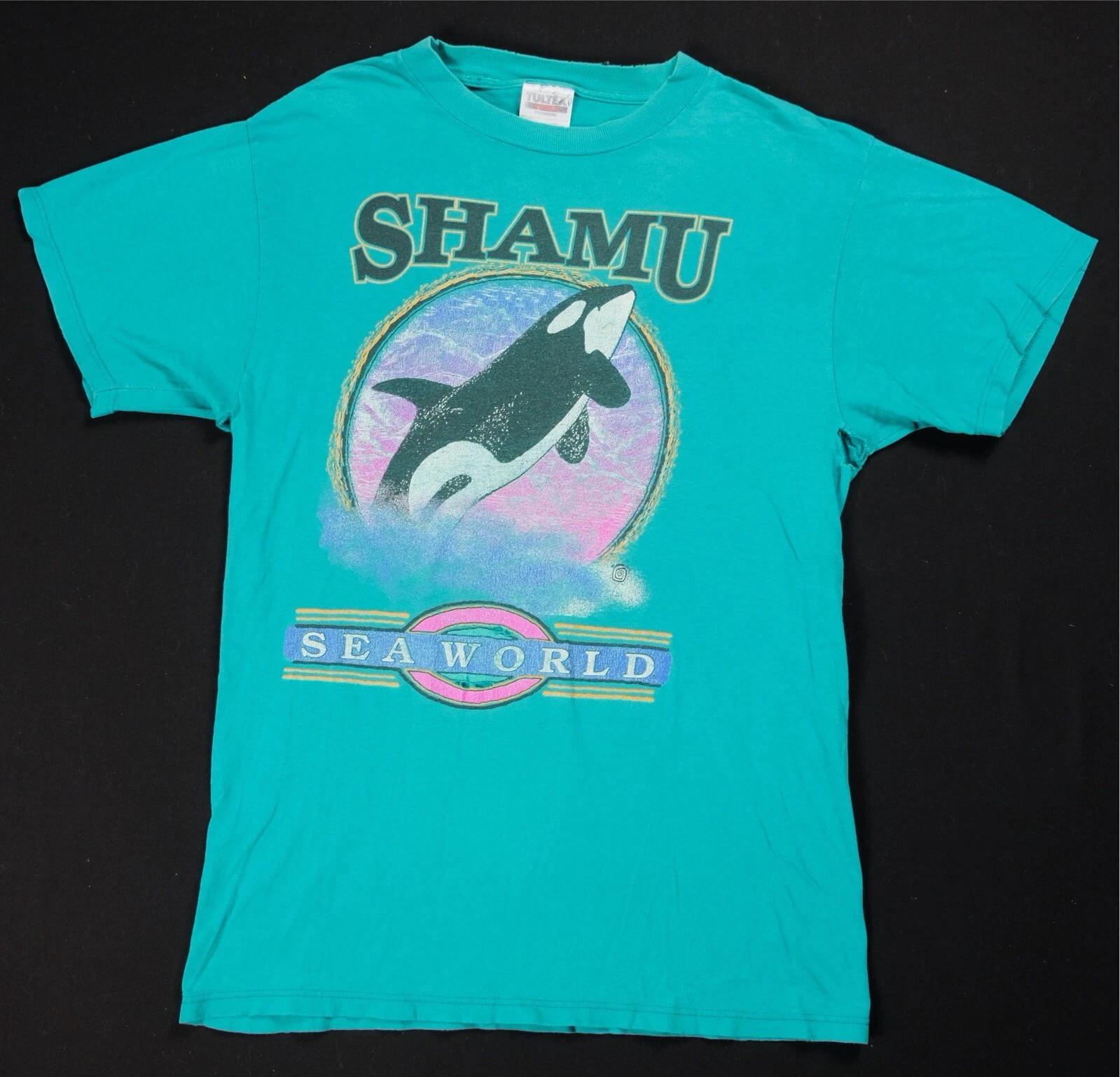 Rare Vintage TULTEX Sea World Shamu Killer Whale Orca T Shirt 90s Light Blue M 3XL