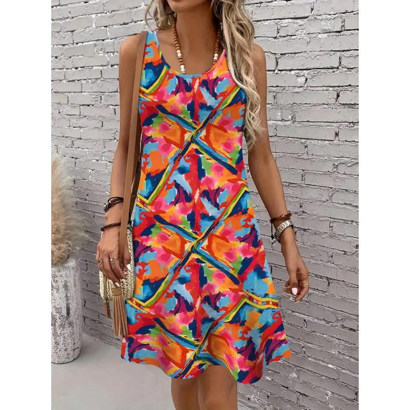 Printed Fashionable Casual Elegant Breathable Round Neck Vest Dress New Style Women's Casual Skirt Vacation Women's Sleeveless Midi Dress