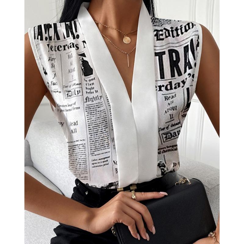 JKASHDK Women's Fashion Casual Summer Spring Colour Block Print Sleeveless V-Neck Blouses & Shirts
