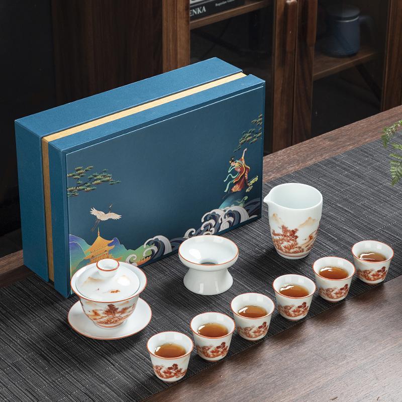 Kung Fu tea set commercial blue and white porcelain simple teacup ceramic tea cover bowl gift box business gift