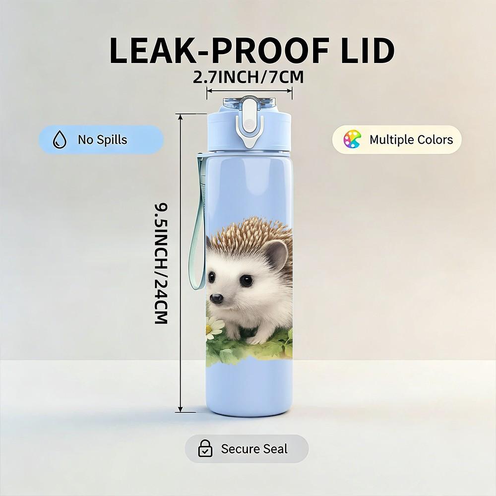 1PC Hedgehog Daisy Flower Animal Print 750ml Color Plastic Sports Water Bottle Leakproof Flip Straw Lid Suitable for Sports Office Home Use
