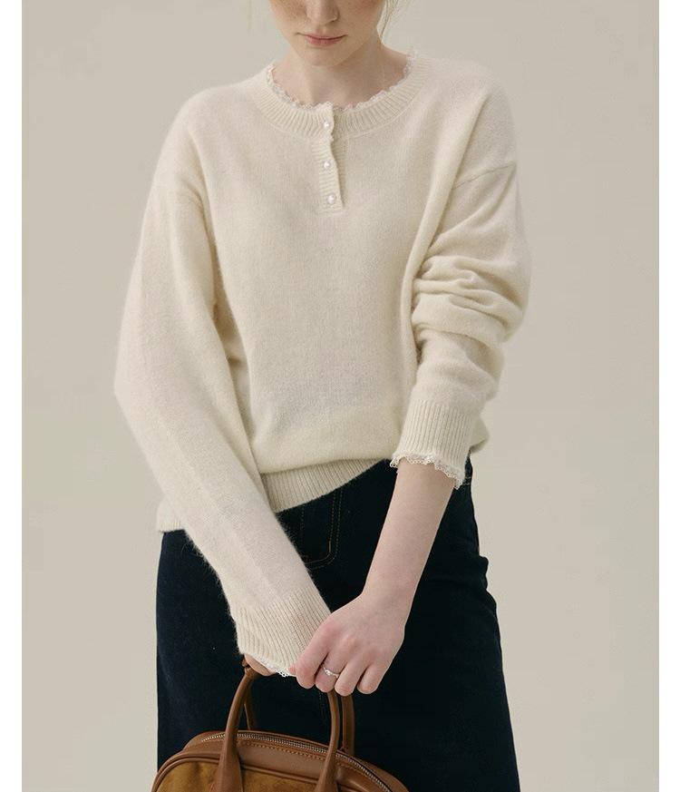 French Style Lace-Trimmed Winter Sweater