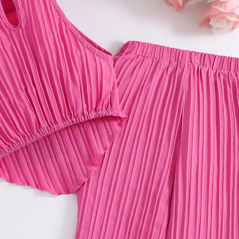7-12Y Girls Big Girl Suit Dětské léto Nové Módní závěsná vesta s vlnitým proužkem kalhoty 2ks