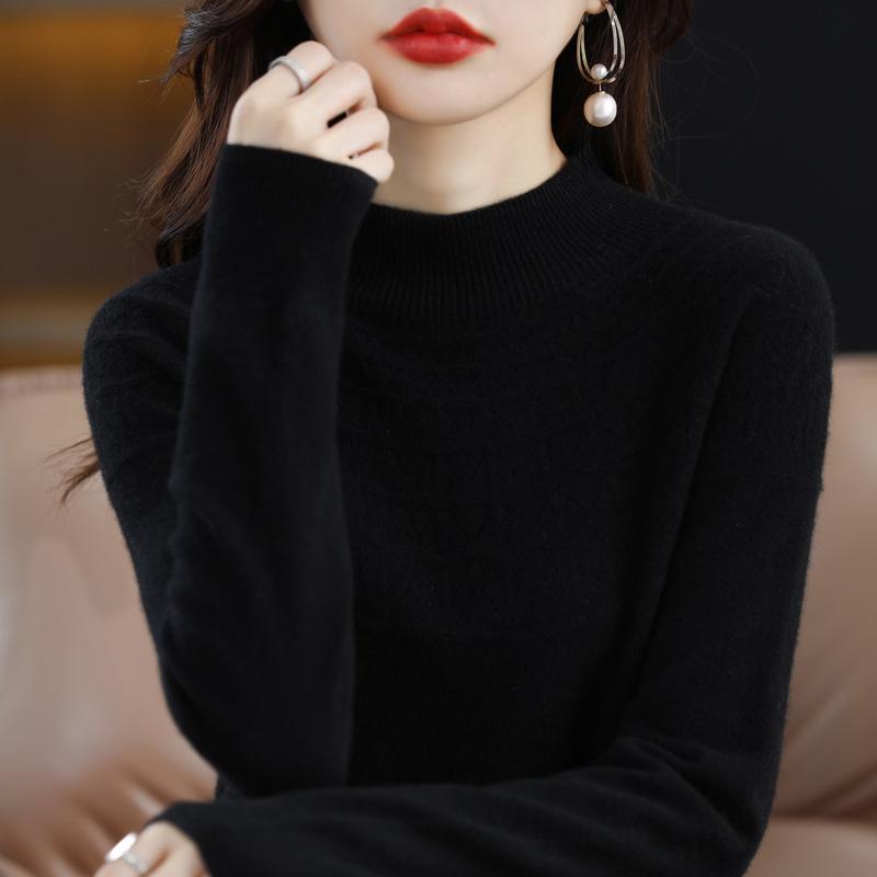 New First-line Ready-to-wear Half Turtleneck Hollow Wool Sweater Women's Knitted Loose Versatile Pullovers Warm Base Layer