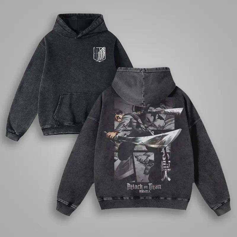 Attack On Titan Levi Printed Hooded Men Women Casual Cotton Hoodies Vintage Washed Streetwear Harajuku Male Manga Sweatshirt