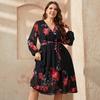 Plus Size Floral Print V Neck Midi Belted Dress Women Casual Spring Fall Long Sleeve Elegant Vintage A-Line Dresses