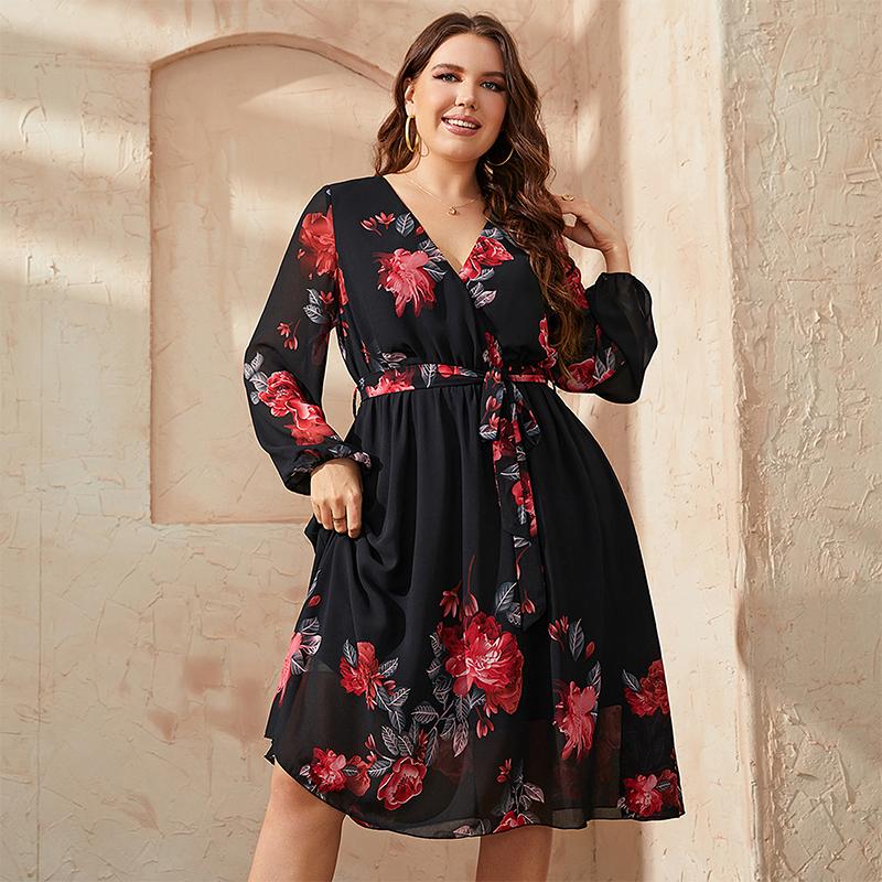 Plus Size Floral Print V Neck Midi Belted Dress Women Casual Spring Fall Long Sleeve Elegant Vintage A-Line Dresses