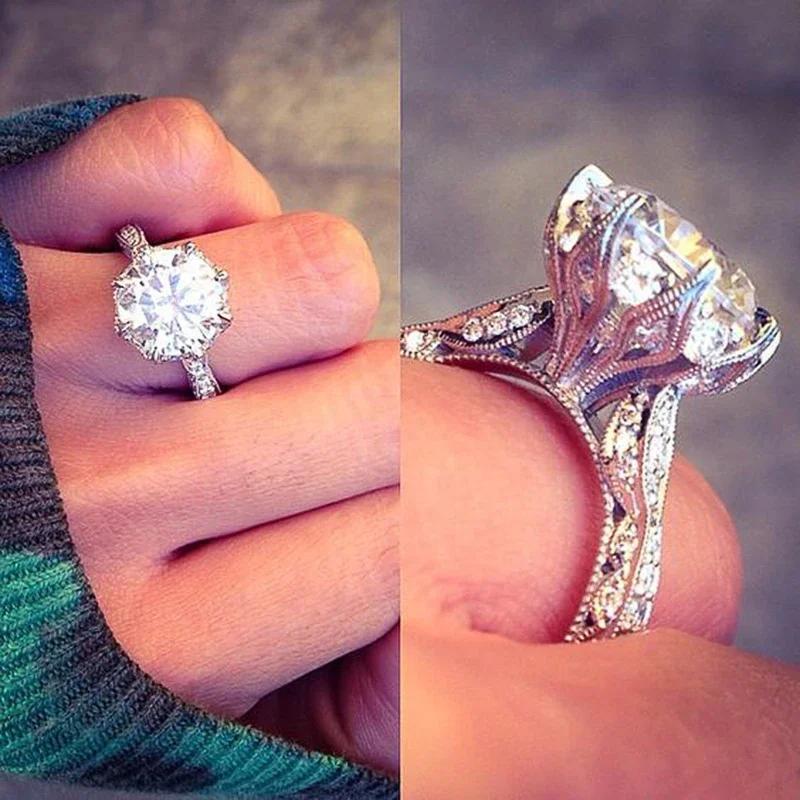 New   Trendy Wedding Ring For Women Big Round Cubic Zirconia 8 Claws Prong Setting Luxury Fashion Female Rings Jewelry