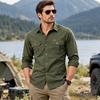 Solid Green Men Long Sleeve Cargo Shirt Lapel Collar Button Front Dual Chest Pockets Durable Workwear Breathable Outdoor Camping Hiking