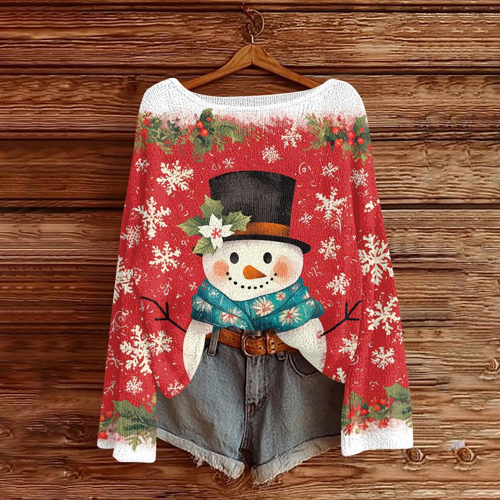 Women's Fashion Christmas Print Lightweight Sweater Casual Long-Sleeve Knit Pullover Top