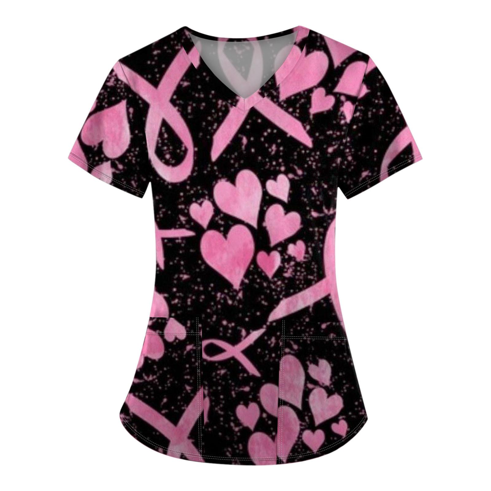 

Женская модная рабочая одежда с v-образным вырезом и коротким рукавом с карманной футболкой с принтом. XL