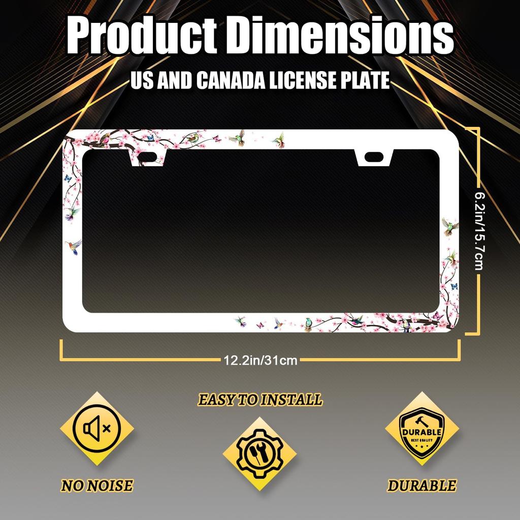 Hummingbird License Plate Frame Cherry Blossom Pink Flower License Plate Holder Colorful License Plate For Car Decoration Stainless Steel Bird Car