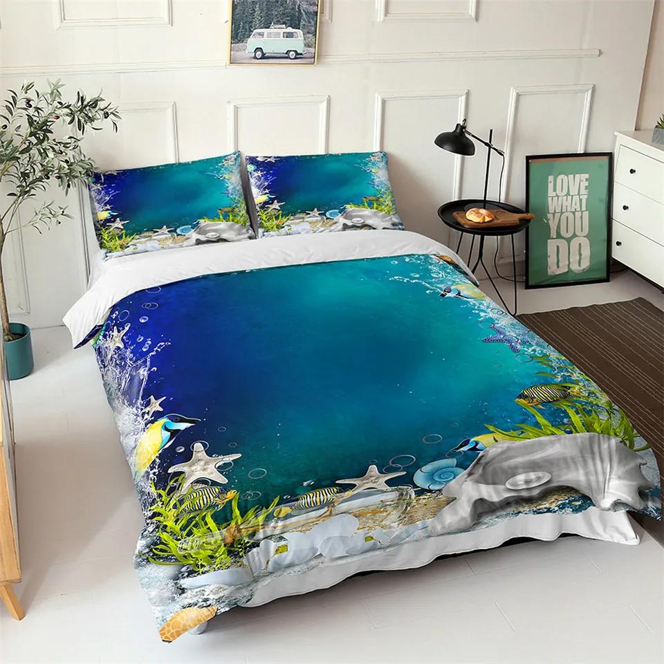 Comforter Ocean Blue Sea Fish 3D Printed Kids Bedding Set Queen King Nordic Ocean Landscape Soft Polyester Comforter