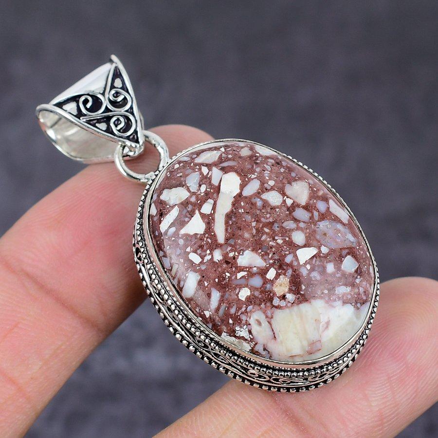 Jasp Frunză Argintiu Natural Bijuterie Pandantiv Argint Sterling 925 2.05" b1a45