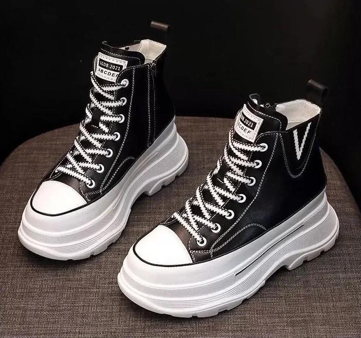 Fashion High quality 7CM White Platform Wedge Sneakers Chunky Shoes Genuine Leather Combat Boots Women Ankle Boots Spring Autumn Booties