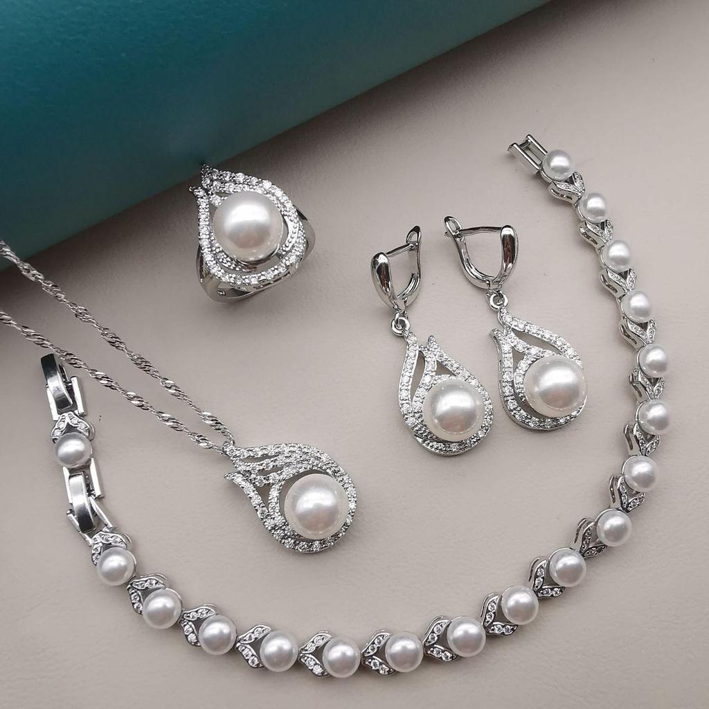 European & American Luxury Zircon Pearl Jewelry Set: Necklace, Earrings, Ring