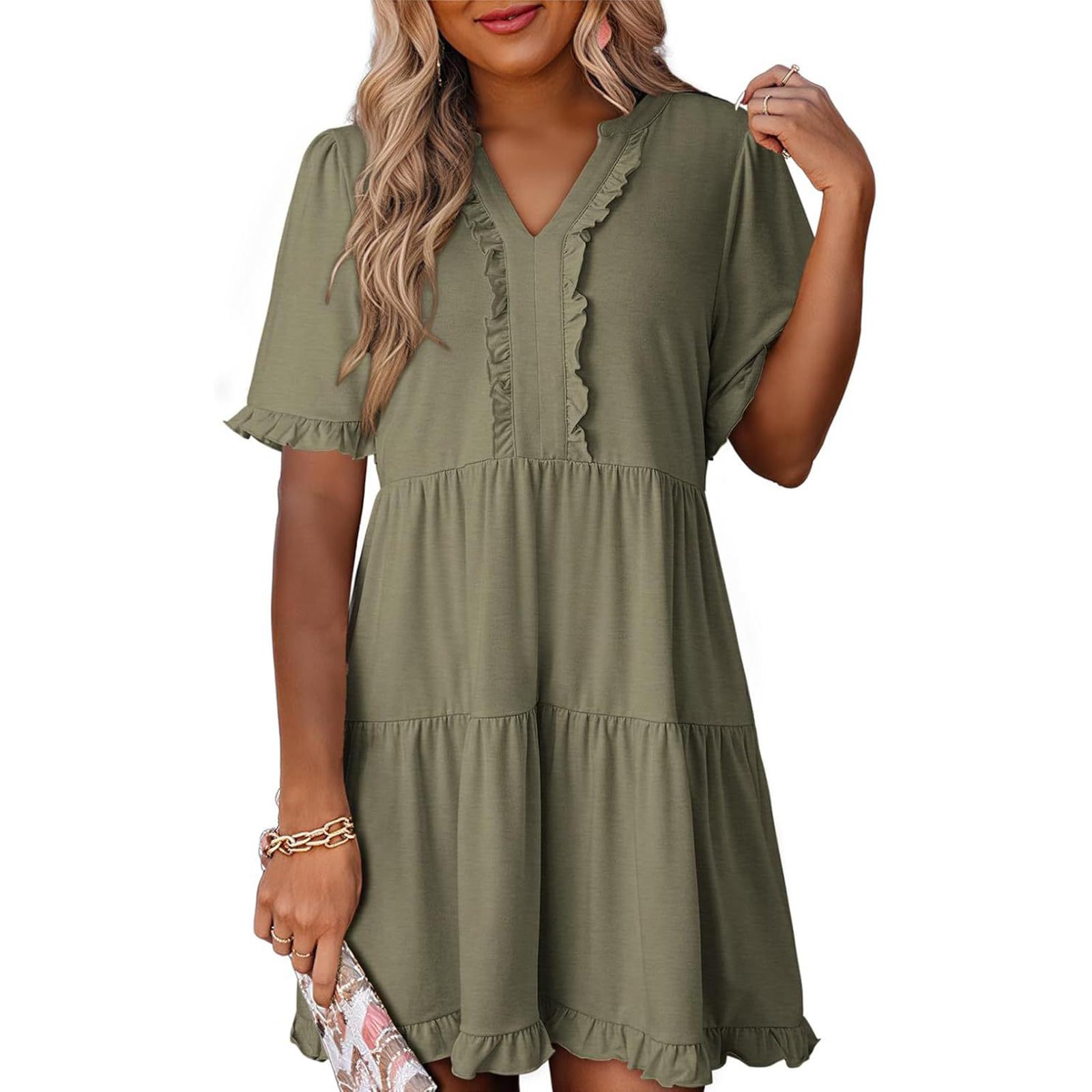 

Women s Fashion Casual Ruffled Dress Short Sleeve V-Neck Large Swing Dress XXL