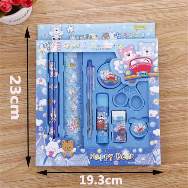9pcs Cartoon Stationery Gift Set Ruler+ Pen +Pencil Sharpener+Scissors+Clips+ Eraser+Glue Kids School Supplies Prize Box