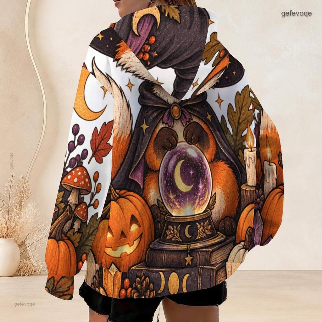 Women Plus Size Zip Up Hoodie Cute Bat Cat Pumpkin Floral Bow Print Long Sleeve Casual Hooded Sweatshirt
