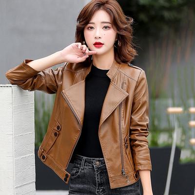New Women Leather Jacket Spring  Cool Fashion Moto&Biker Style Outerwear Stand Collar Short Leather Sheepskin Coat