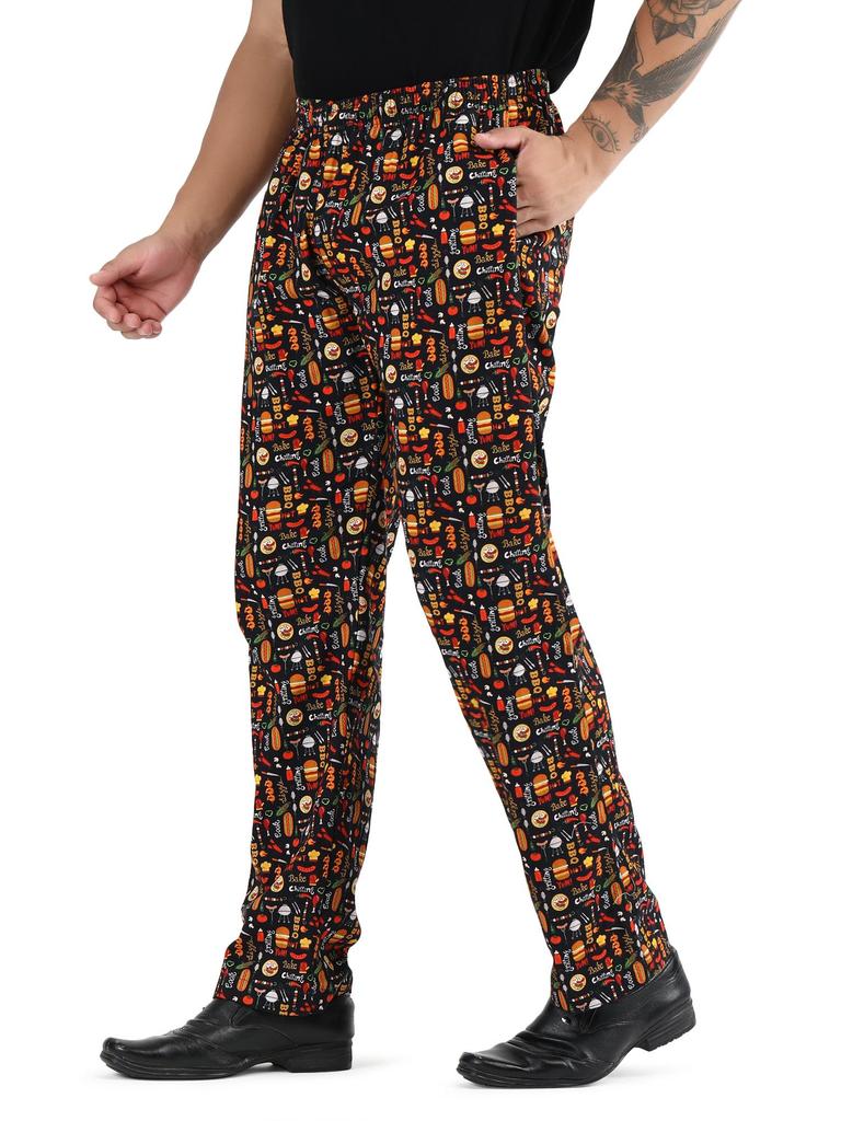 Burger Print Chef Pants 100% Cotton, Unisex BBQ Theme Kitchen Trousers, Grilling Cook Uniform, Funny Culinary Gift for Him Her, Baker Pants